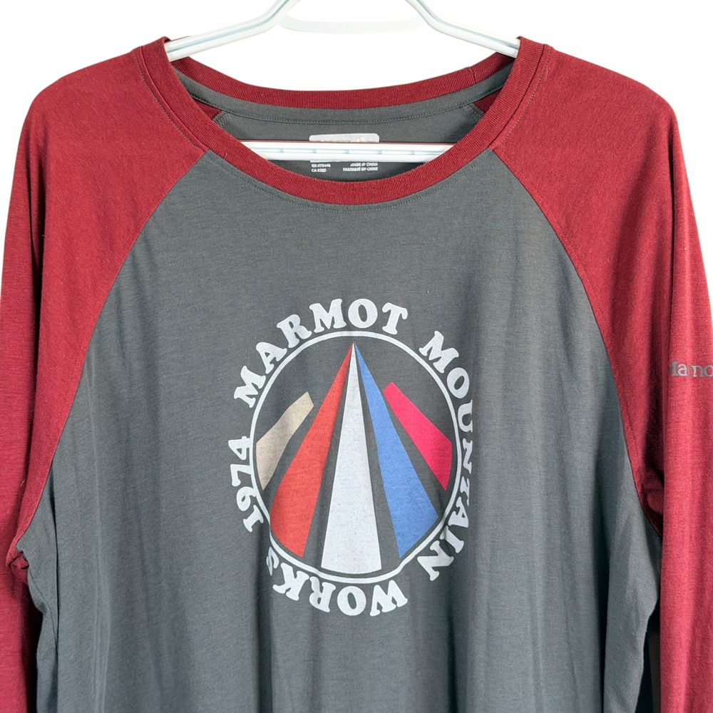 Marmot Graphic Long‎ Sleeve T Shirt Tee Mens L Grey Burgundy Raglan Stretch